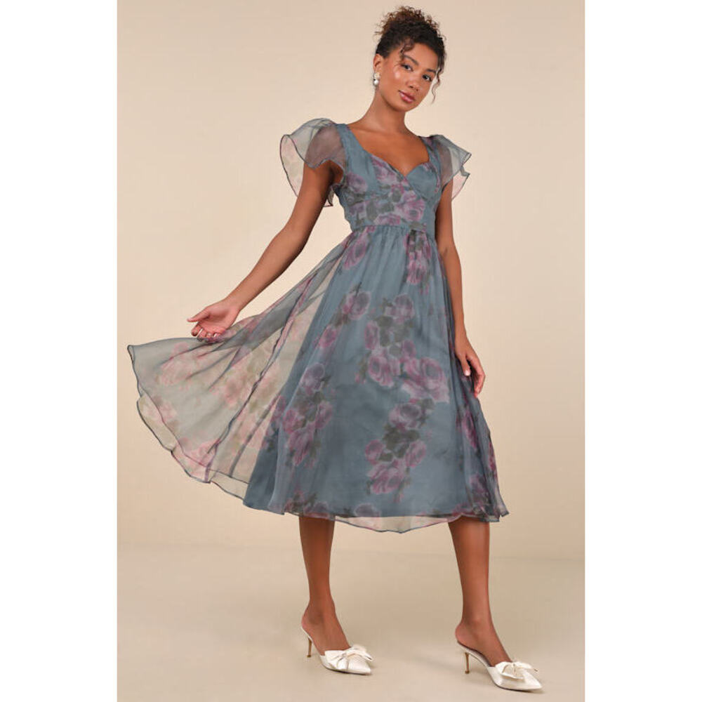 Lulus Mesmerizing Mood Slate Floral Organza Ruffled A-line Midi Dress Grey